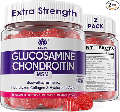Glucosamine Chondroitin Gummies, Sugar Free Glucosamine Chondroitin MSM Supplement, Extra Strength with Boswellia Turmeric, Hydrolyzed Collagen & Hyaluronic Acid, Bone Health for Men & Women, 120 Cts
