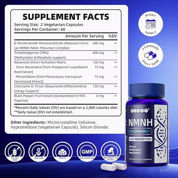 NMNH Supplement with NAD Supplement Maximum Potency with Resveratrol & Pterostilbene, CoQ10 & Black Pepper, for Cellular Energy, Anti-Aging Support, Sirtuin Activation & Methylation Support, 120