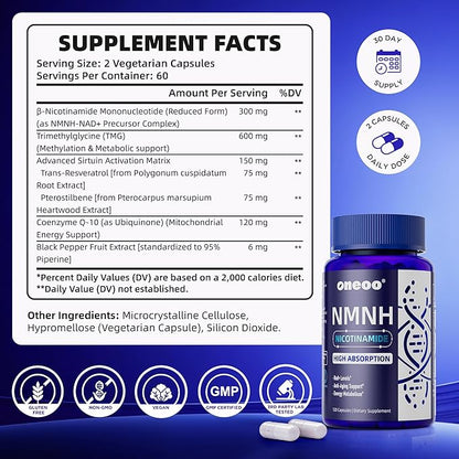 NMNH Supplement with NAD Supplement Maximum Potency with Resveratrol & Pterostilbene, CoQ10 & Black Pepper, for Cellular Energy, Anti-Aging Support, Sirtuin Activation & Methylation Support, 120