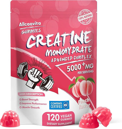Allcoovita Creatine Monohydrate Gummies 5g for Men & Women. Boost Focus,Strength, and Endurance, Anti-Melting Formula, Vegan, Gluten-Free, Non-GMO,(Peach 120 ct)