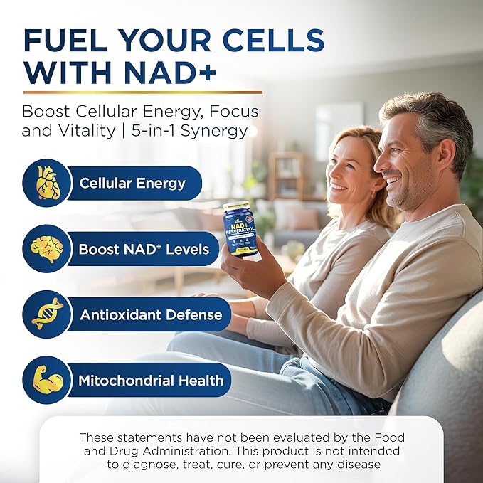 NAD+ Supplement with 500mg NR, Resveratrol, CoQ10, PQQ- 5-in-1 NAD Formula |NMN Supplement Alternative|NAD Resveratrol Support Cellular Energy & Healthy Aging-Made in USA-60 Capsules