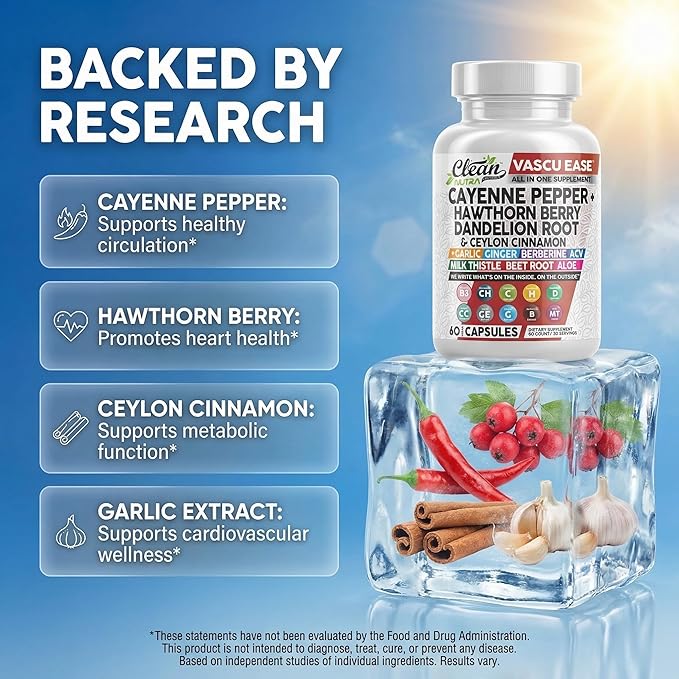 Clean Nutra Cayenne Pepper Capsules Supplement with Hawthorn Berry, Dandelion Root, Ceylon Cinnamon, Garlic, Ginger, Berberine, Apple Cider Vinegar, Milk Thistle, Beet Root, Aloe Vera Pills & More