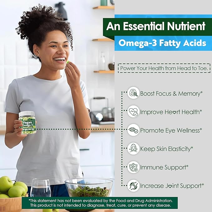 Vegan Omega 3 Gummies + Phospholipids, Astaxanthin, Vitamin D3, DHA 560mg & EPA 280mg, Fish-Free Algae Omega 3 Supplement for Adults & Kids for Brain, Eye, Skin and Overall Health, Sugar Free, 60 Cts