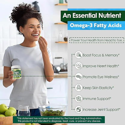 Vegan Omega 3 Gummies + Phospholipids, Astaxanthin, Vitamin D3, DHA 560mg & EPA 280mg, Fish-Free Algae Omega 3 Supplement for Adults & Kids for Brain, Eye, Skin and Overall Health, Sugar Free, 60 Cts