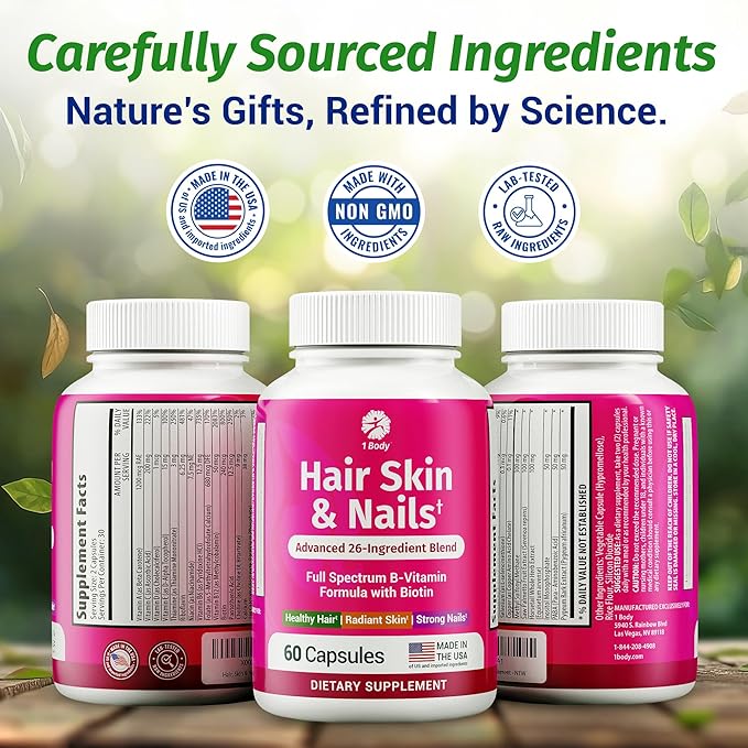 1 Body Hair Skin and Nails Vitamins with Biotin – Hair Growth Supplement for Women & Men with 26 Vitamins, Minerals & Herbal Extracts – Stronger Hair, Healthy Skin & Nails – 60 Vegan Capsules