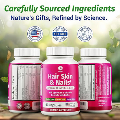 1 Body Hair Skin and Nails Vitamins with Biotin – Hair Growth Supplement for Women & Men with 26 Vitamins, Minerals & Herbal Extracts – Stronger Hair, Healthy Skin & Nails – 60 Vegan Capsules
