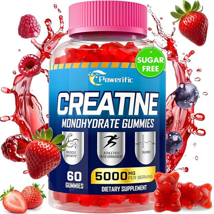Creatine Monohydrate Gummies, Creatine for Women & Men, Pre Workout Creatine Monohydrate Gummies with Taurine, Vitamin B6 & B12 for Muscle, Strength, Energy, Endurance, Vegan, Organic, 60 Count