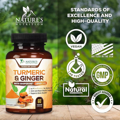 Turmeric Curcumin Supplement - 95% Curcuminoids with Organic Turmeric & Ginger, BioPerine Black Pepper Extract for Best Absorption, Natural Vegan Joint Support, Non-GMO, Bottled in USA - 60 Capsules