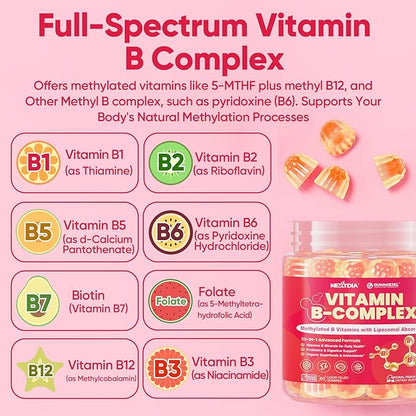 Methylated Vitamin B Complex Gummies for Women & Men, High Dose 2000 mcg Methyl B12, Liposomal Super All B Vitamins Methylfolate, B1, B2, B3, B5, B6, B7, Vitamin C, Choline for Energy, Focus, 60Counts