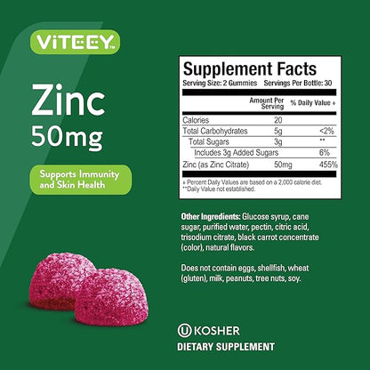 VITEEY Zinc Gummies for Men and Women - Zinc Supplements 50mg - Immune Boost & Skin Health - Vegan, Gluten Free - 60 Count