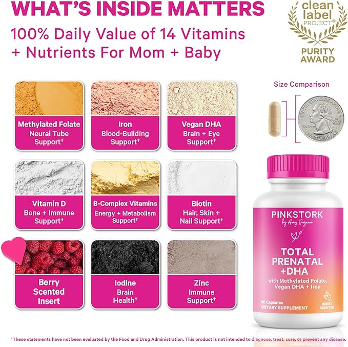 Pink Stork Total Prenatal Vitamins with DHA, Folate, Iron, Choline, and Vitamin B12 - Prenatals for Women to Support Fetal Development, Pregnancy Essentials, Berry Essence, 60 Capsules, 1 Month Supply