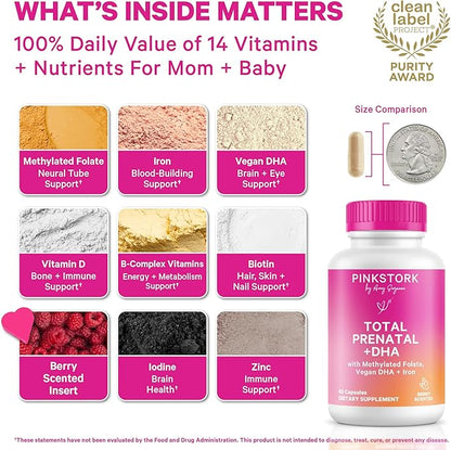 Pink Stork Total Prenatal Vitamins with DHA, Folate, Iron, Choline, and Vitamin B12 - Prenatals for Women to Support Fetal Development, Pregnancy Essentials, Berry Essence, 60 Capsules, 1 Month Supply