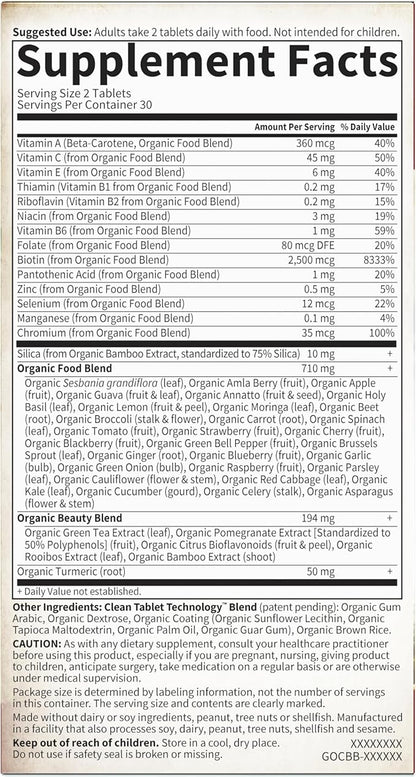 Garden of Life Organics Vegan Collagen Builder - Organic Plant Collagen Beauty Booster - Silica & Biotin for Hair, Skin, Nails and Joint Support – No Added Sugar, 60 Tablets