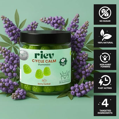 riev Cycle Calm Gummies – Berry Herbal Flavor – Sugar-Free – Hormonal Balance & Mood Support for Women – Supports Focus & Emotional Wellness – Vegan, Non-GMO – 30 Gummies