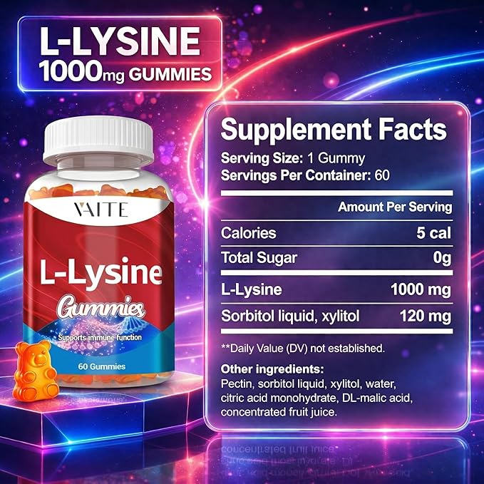 VAITE L-Lysine 1000mg Gummies - Supports Skin, Lip, Vegan, Gluten Free, Vitamins for Adults Tissue Health & Immune System, Chewables, Amino Acid Vitamin Supplement & Complex Supplements, Non-GMO