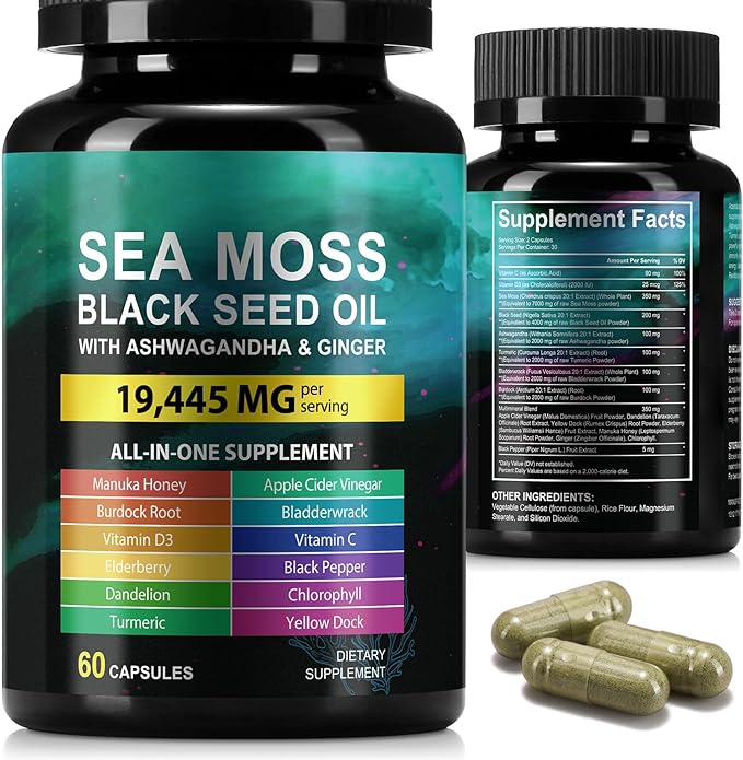 Sea Moss Black Seed Oil Ashwagandha Ginger Capsules, Seamoss Capsules Supplement with Bladderwrack Burdock & Vitamin C Vitamin D3 for Women & Men-Enhanced Immunity,60 Counts
