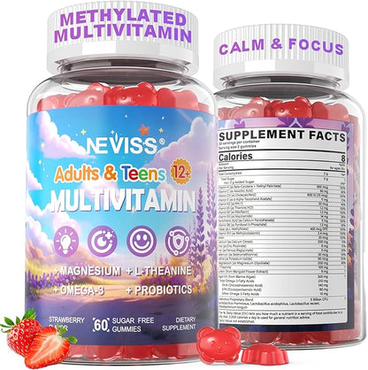 Teen Vitamins Methylated Multivitamin Gummies for Boys Girls 12-17 w/ Magnesium Glycinate, Omega-3, L-Theanine for Teens Kids Calm & Focus Gummies Supplement, 23-IN-1 Formula, Sugar Free, 120 ct