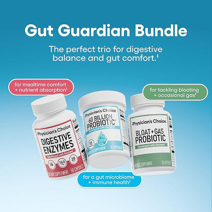 Physician's CHOICE Gut Guardian Bundle: Advanced Bloating & Digestion Support with 60 Billion Probiotic, Digestive Enzymes & Bloat + Gas Probiotic - Daily Gut Health Support for Women and Men