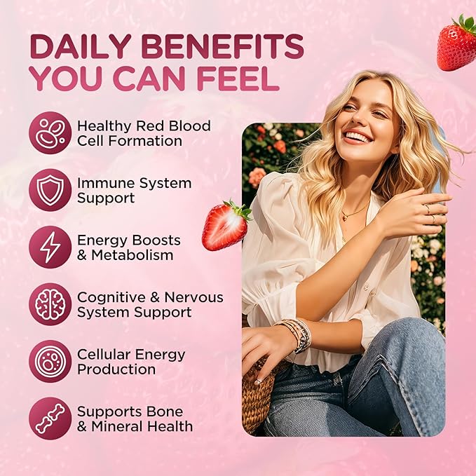 Iron Gummies for Women, Triple Iron Supplement with Multivitamin Iron Gummies with Vitamin C, A, B, Folate, Copper, Zinc for Energy & Blood Support, Immune Health, Vegan, Strawberry Flavor, 120 Counts