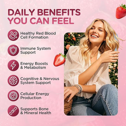 Iron Gummies for Women, Triple Iron Supplement with Multivitamin Iron Gummies with Vitamin C, A, B, Folate, Copper, Zinc for Energy & Blood Support, Immune Health, Vegan, Strawberry Flavor, 60 Counts