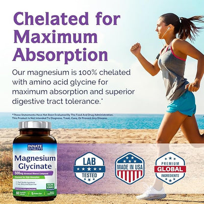 Innate Vitality Magnesium Glycinate 500mg | 70mg Elemental Magnesium Supplement - High Absorption, Non Buffered, Non-GMO & No Gluten - Vegan - Nerve Health - 60 Capsules (Pack of 1)