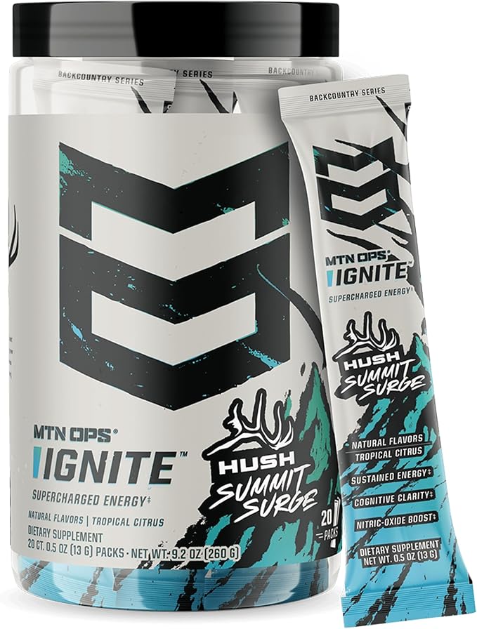MTN OPS Ignite Sugar Free Energy Drink Powder Trail Packs with 200mg Caffeine, Travel Pre Workout Packets for to-Go Energy, Nootropic Blend, L Arginine & L Citrulline, 20 Servings, Hush Summit Surge