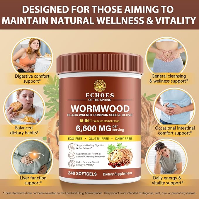 Wormwood Black Walnut Clove Cleanse for Humans – 18-in-1 Herbal Gut Health & Digestive Support Formula, 6600mg per Serving, 240 Softgels 80 Day Supply, with Pumpkin Seed, Garlic & Oregano