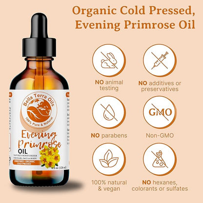 Bella Terra Oils - Organic Evening Primrose Oil 8 oz - Pure Primrose Extract, Enriched with GLA & Antioxidants, Perfect for Skin & Hair Nourishment