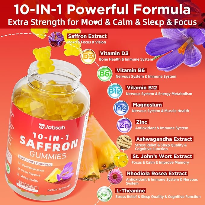 Saffron Gummies for Adult Kids, 10-IN-1 Saffron Supplements with Saffron Extract 88.5 mg, Vitamin D3, B6, B12, L-Theanine, St. John's Wort, Ashwagandha for Mood, Focus, Calm, Melatonin-Free, 60 Count