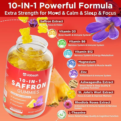 Saffron Gummies for Adult Kids, 10-IN-1 Saffron Supplements with Saffron Extract 88.5 mg, Vitamin D3, B6, B12, L-Theanine, St. John's Wort, Ashwagandha for Mood, Focus, Calm, Melatonin-Free, 60 Count