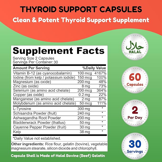 SHIFAA NUTRITION Halal Thyroid Support 30 Servings | Non-GMO Relief Supplement w/ B12, Iodine, Selenium, L-Tyrosine | Supports Energy, Metabolism, Focus, Clarity, Cortisol Balance