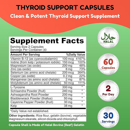 SHIFAA NUTRITION Halal Thyroid Support 30 Servings | Non-GMO Relief Supplement w/ B12, Iodine, Selenium, L-Tyrosine | Supports Energy, Metabolism, Focus, Clarity, Cortisol Balance