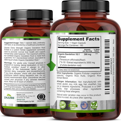 Zazzee USDA Organic Dandelion Root 10:1 Extract, 180 Capsules, 6 Month Supply, Liver & Detox Support, Taraxacum Officinale, Organic Herbal Supplement, All-Natural, Non-GMO, Made in the USA