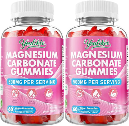 2 Pack Magnesium Carbonate 500mg Gummies, High Absorption Magnesium Supplement for Adults - Support Muscle Function, Vegan, Sugar Free, Raspberry Flavor, 120 Count
