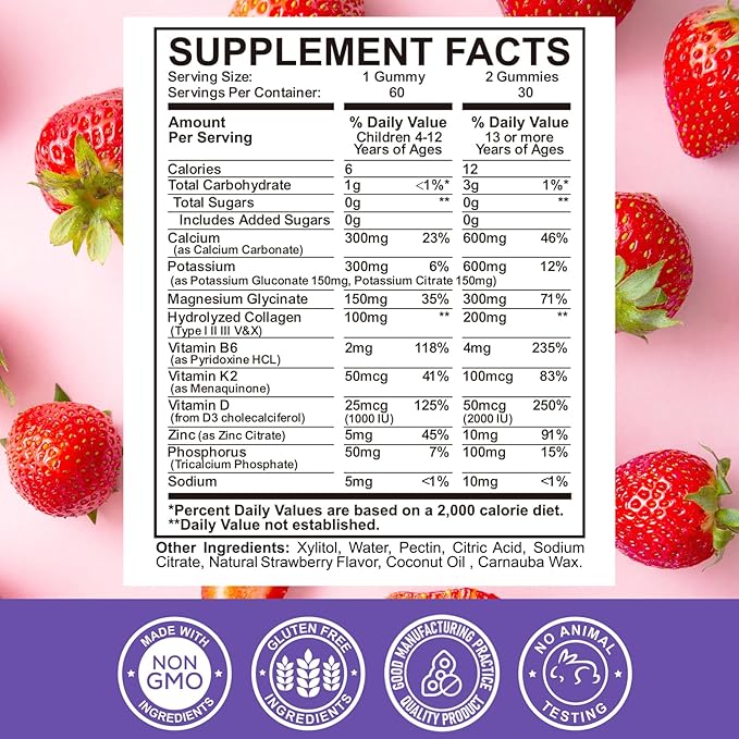 Calcium Potassium Magnesium Gummies for Kids & Adults, with Hydrolyzed Collagen, Zinc, Phosphorus, Multivitamin for Sleep, Bone Strength, Density Support, Sugar Free, Strawberry Flavor,120ct