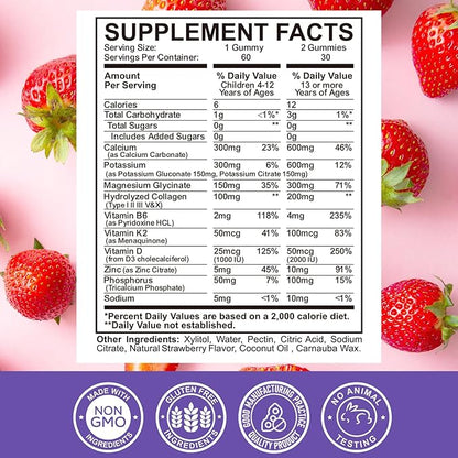 Calcium Potassium Magnesium Gummies for Kids & Adults, with Hydrolyzed Collagen, Zinc, Phosphorus, Multivitamin for Sleep, Bone Strength, Density Support, Sugar Free, Strawberry Flavor 60 Gummies