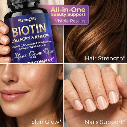 Biotin with Hyaluronic Acid, Keratin and Collagen Supplements - 10000mcg for Hair Growth Women and Men - Hair Skin and Nails Vitamins - 120 Capsules
