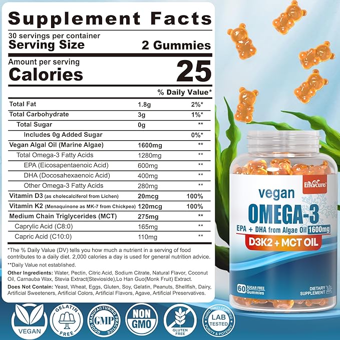 Vegan Omega 3 Gummies 1280mg + Vitamin D3 K2 (MK7), Omega 3 Fish Oil Alternative for Adults, w/Algae EPA 600mg & DHA 400mg, MCT Oil - No Fish Taste - for Brain, Eye, Immune Health, Sugar Free, 2 Pack