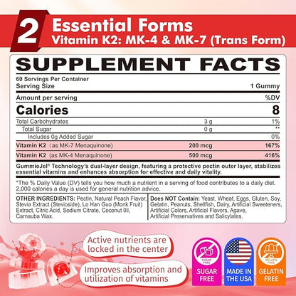 Vitamin K2 Gummies MK-7 200 mcg & MK-4 500 mcg for Women & Men Sugar Free, Perfect 2-IN-1 Full Spectrum Vitamin K2 Supplement for Bone, He❤rt, Promotes Calcium Absorption, Brain, Teeth, Immune,1Pack