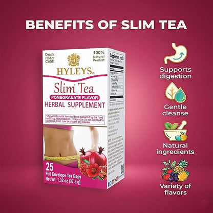 Hyleys Slim Tea Pomegranate Flavor - Weight Loss Herbal Supplement Cleanse and Detox - 25 Tea Bags (1 Pack)