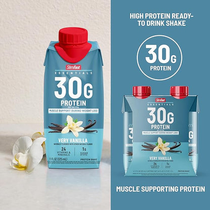 SlimFast Essentials 30g Vanilla Protein Shake, Protein Shakes Ready to Drink, Muscle Support, 1g Sugar, 24 Vitamins and Minerals, 1g Net Carbs, Very Vanilla, 12 Count