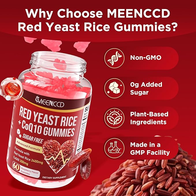 MEENCCD Red Yeast Rice with CoQ10 Gummies, Red Yeast Rice Supplement with Coenzyme Q10 for Overall Well-Being, Sugar Free, Vegan, Raspberry Flavor, 60 Count