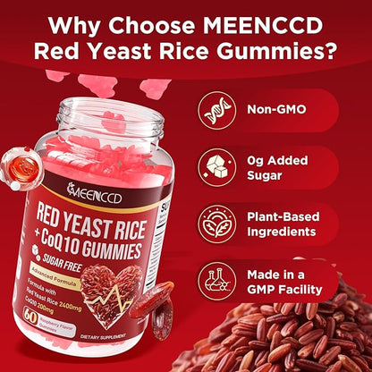 MEENCCD 2 Pack Red Yeast Rice with CoQ10 Gummies, Red Yeast Rice Supplement with Coenzyme Q10 for Overall Well-Being, Sugar Free, Vegan, Raspberry Flavor, 120 Count