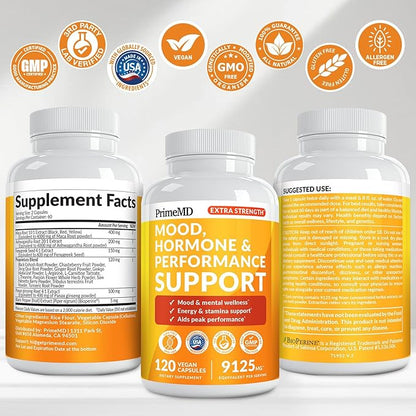 PrimeMD 19-in-1 Extra Strength Peruvian Maca Root Capsules - 9125 mg Ashwagandha Supplements with Fenugreek and Ginseng for Mood, Hormone and Performance Support (120 ct) (2-Pack)