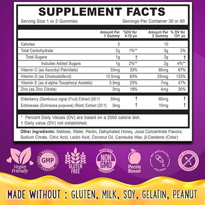 OH MY CHEWY Elderberry Gummies Immunity Support - Real Honey and Lemon Immune Supplement for Kids & Teens with Vitamin C, Echinacea, and Zinc - 60 CT