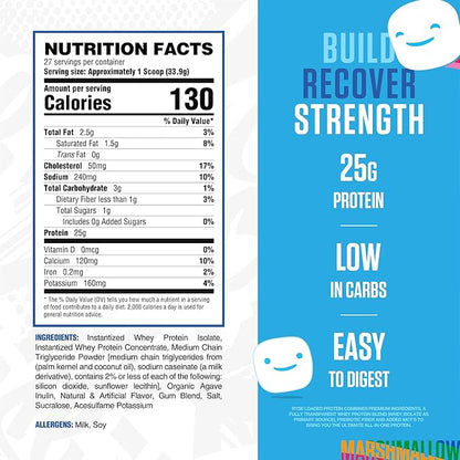 Ryse Loaded Protein Powder - Jet-Puffed Marshmallow - 25g Whey Protein Isolate & Concentrate with Prebiotic Fiber & MCTs - Low Carb, Low Sugar, Digestive-Friendly - 54 Servings / 4 lb Tub