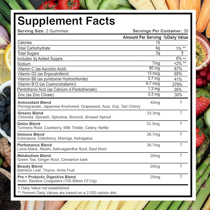 Superfood Fruits and Veggies Gummies (120 Chews), 12+ Superfruits & 30 Veggies, Fruit & Herbs, Fruit and Vegetable Vitamins, Non-GMO, Pectin-Based, Gluten-Free