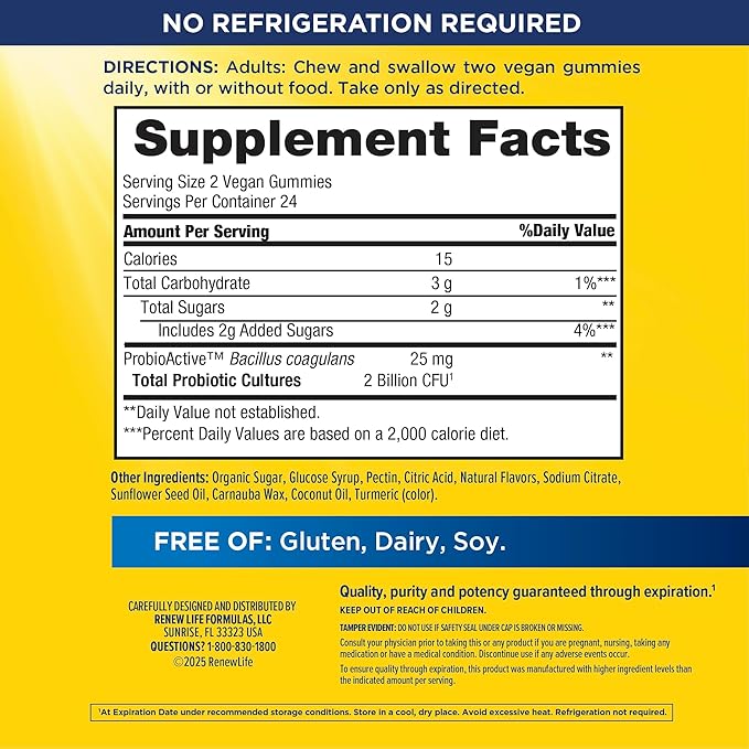 Renew Life Extra Care Digestive Prebiotic and Probiotic Gummies, Daily Supplement for Digestive and Immune Health, B. Coagulans and B. Subtilis, Dairy, Soy and gluten-free, 2 Billion CFU, 48 Count