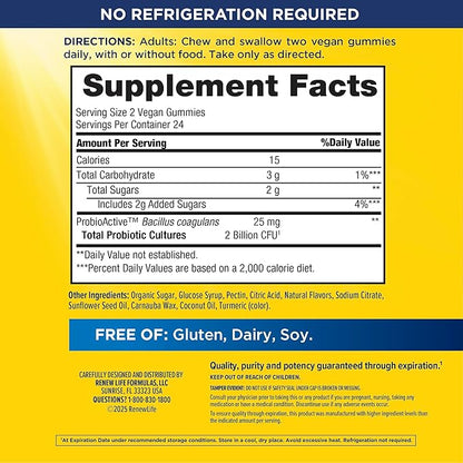 Renew Life Extra Care Digestive Prebiotic and Probiotic Gummies, Daily Supplement for Digestive and Immune Health, B. Coagulans and B. Subtilis, Dairy, Soy and gluten-free, 2 Billion CFU, 48 Count