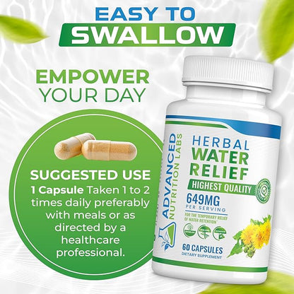 Herbal Water Relief Diuretic Water Pills for Water Retention, Bloating, Swollen Legs, Feet - Dandelion Extract Supplement - Water Retention Loss - Diuretics for Women & Men - 60 Capsules